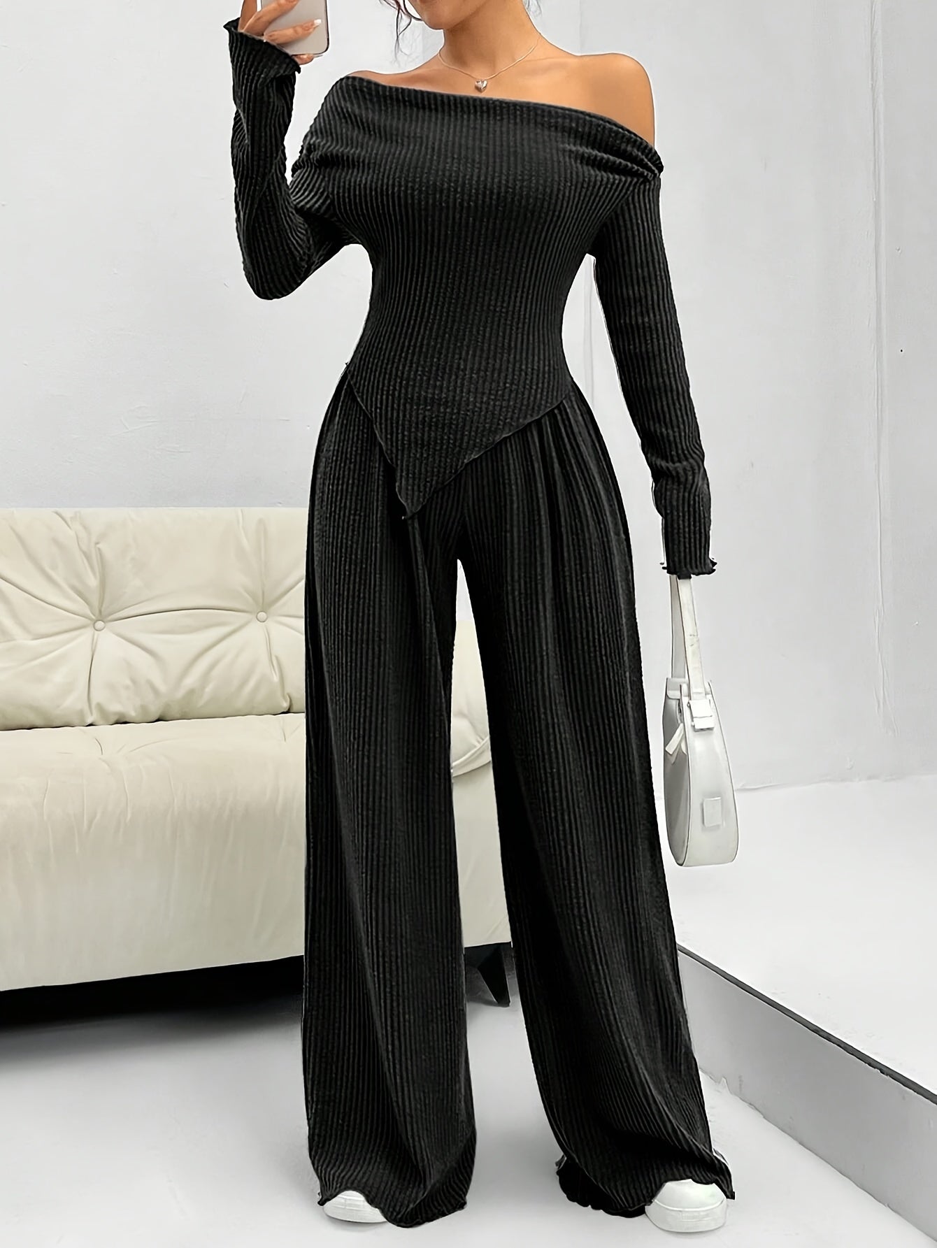 Conjunto Feminino Blusa Manga Longa Assimétrica e Calça Pantalona Modern Confy