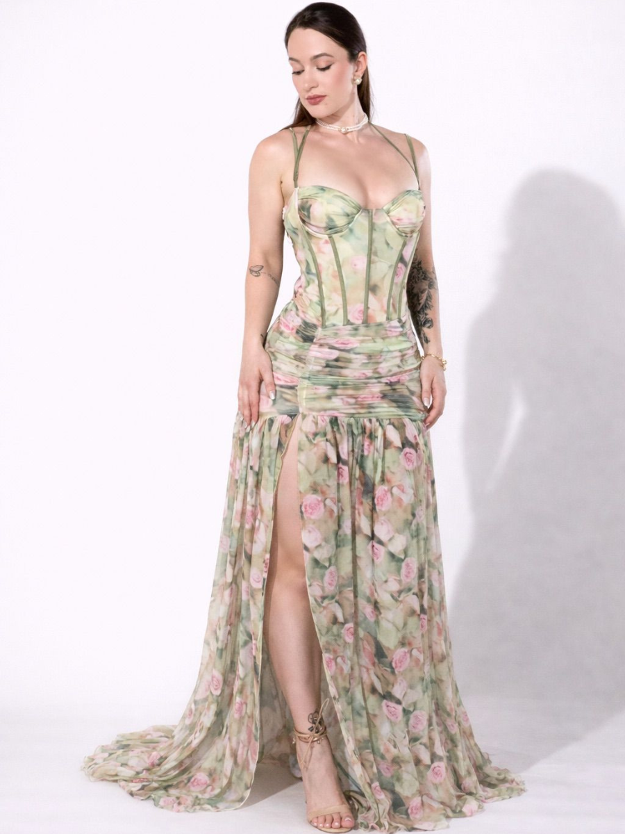 Vestido Longo Corsellet Floral com Fenda Modern Jhulie