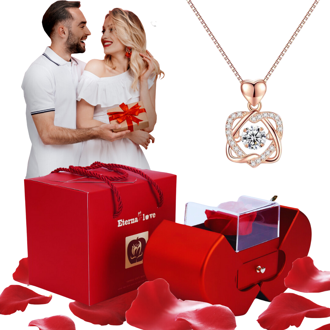 Caixa Surpresa AMOR ETERNO - Colar Coração em Prata 925 Com Rosa Real ❤️