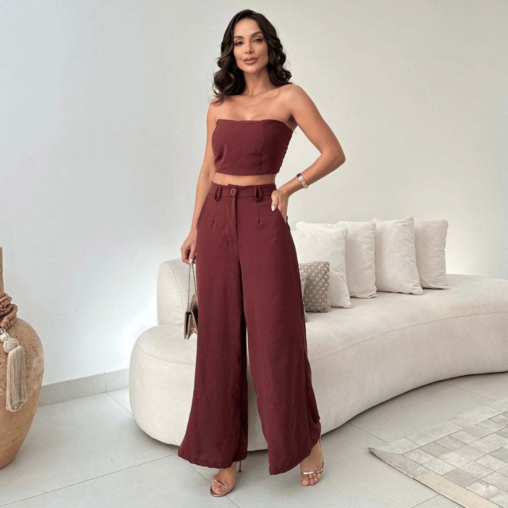 Conjunto Cropped e Calça Pantalona Cintura Alta Modern Stella