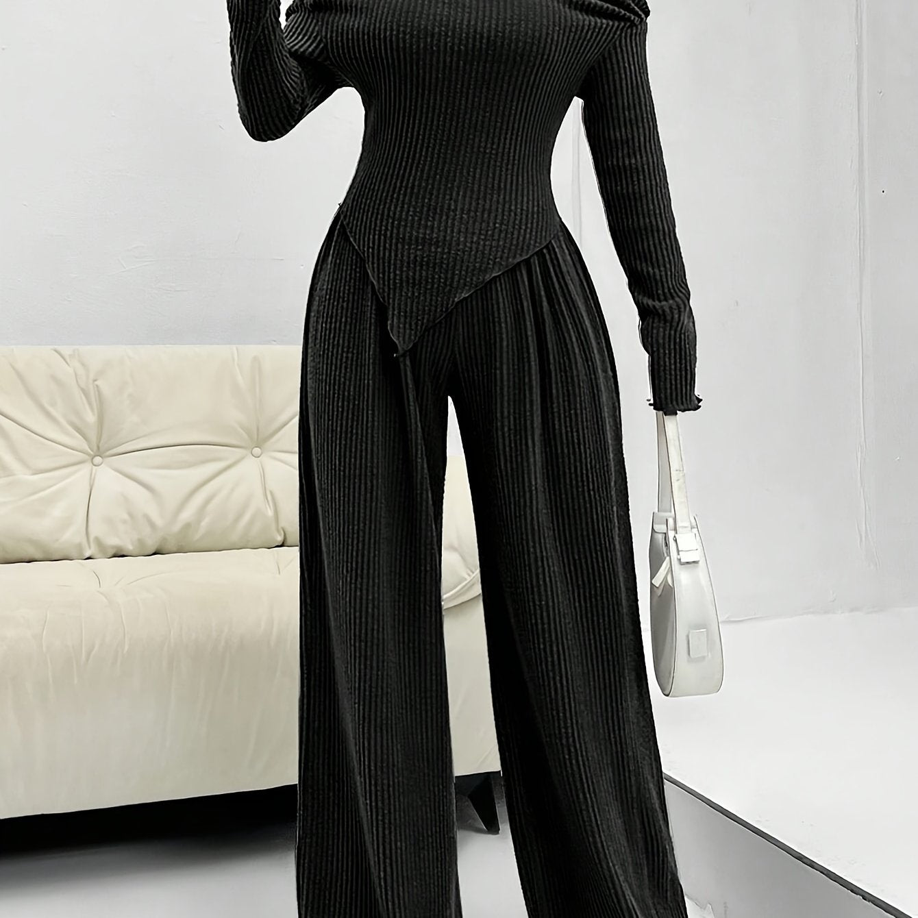 Conjunto Feminino Blusa Manga Longa Assimétrica e Calça Pantalona Modern Confy