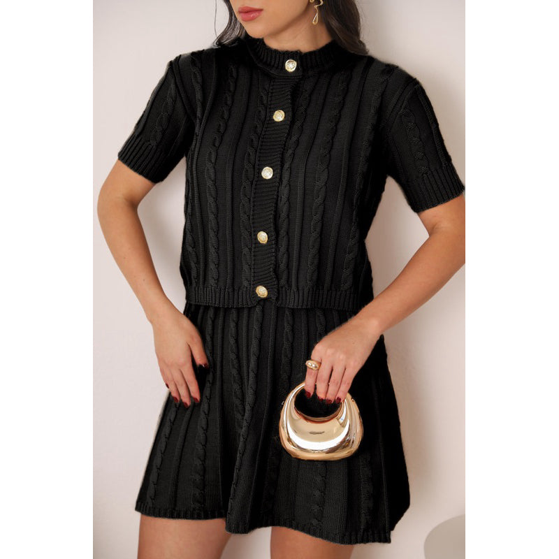 Conjunto Tricot Saia Curta e Blusa Meia Manga com Botões Modern Lívia