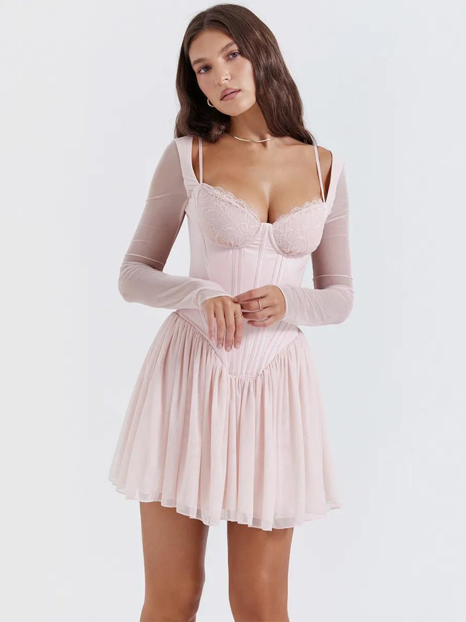 Vestido Curto Modelador Corselet com Mangas em Tule Modern Angelina - GOLDEN ERA