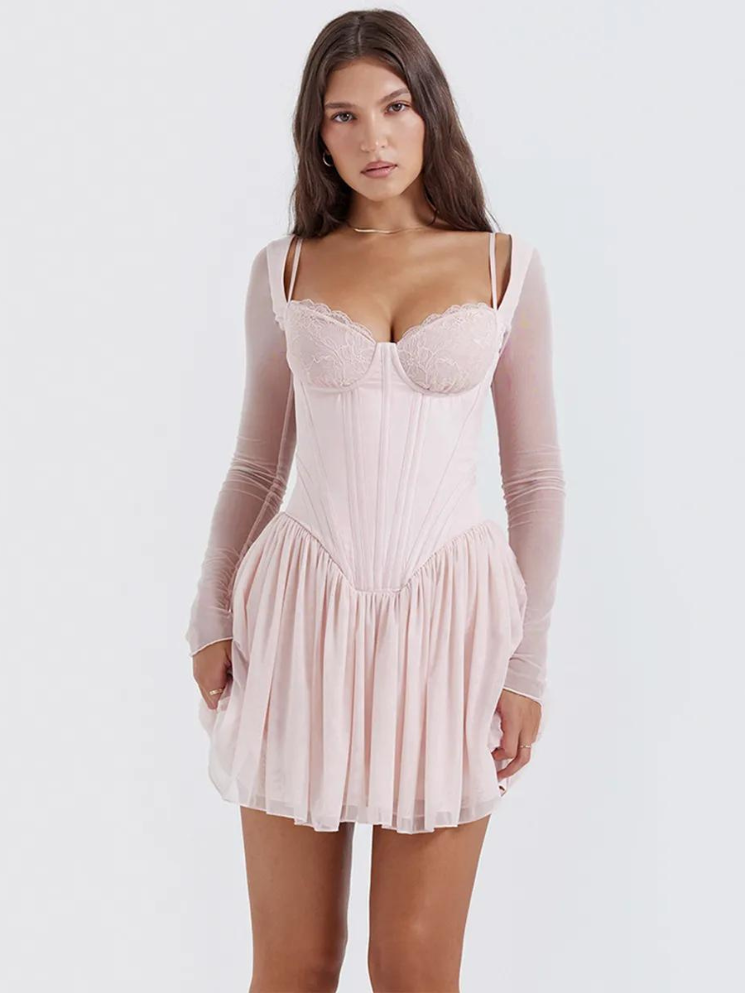 Vestido Curto Modelador Corselet com Mangas em Tule Modern Angelina - GOLDEN ERA