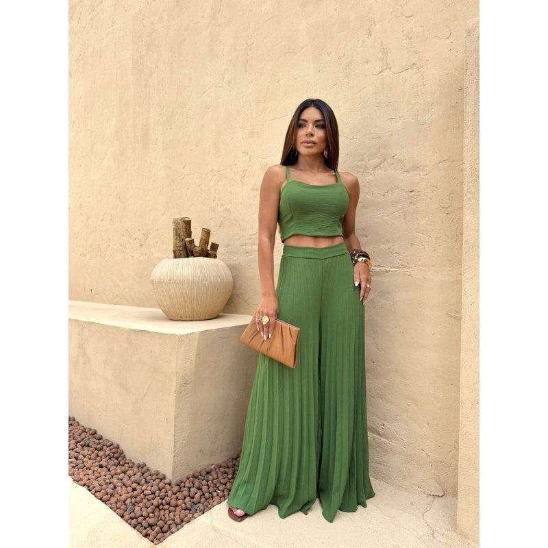 Conjunto Cropped e Calça Pantalona Plissada Modern Evelyn