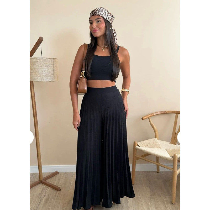 Conjunto Cropped e Calça Pantalona Plissada Modern Evelyn