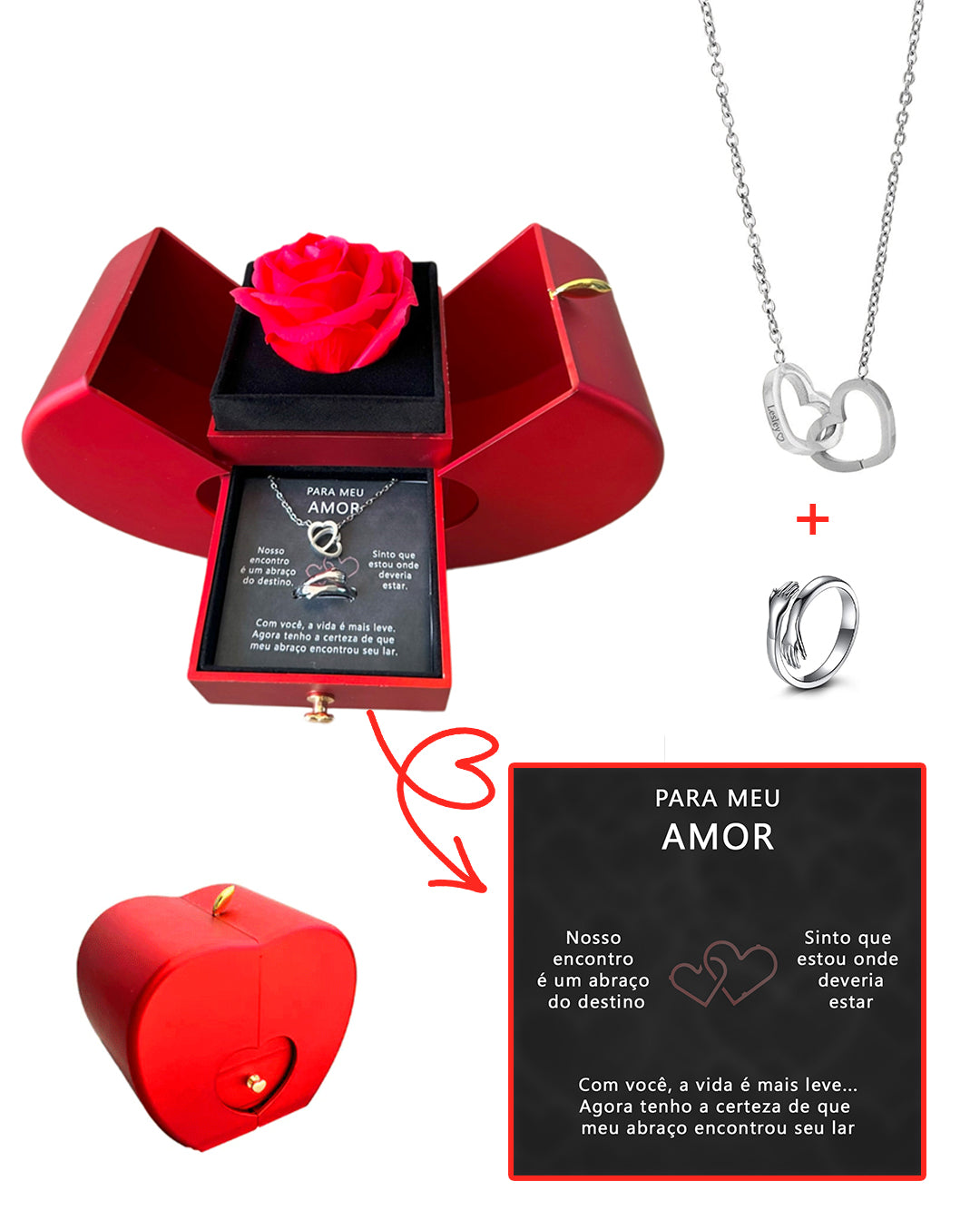 Caixa com Rosa & Colar Personalizado + Anel do Abraço