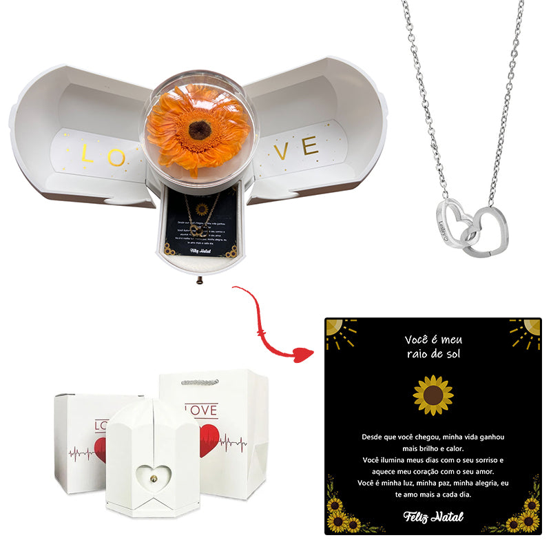 Caixa com Girassol Eterno & Colar Coração Personalizado