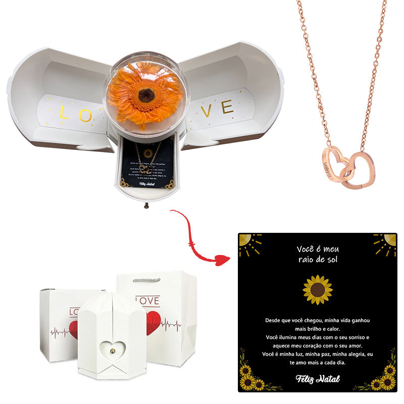 Caixa com Girassol Eterno & Colar Coração Personalizado
