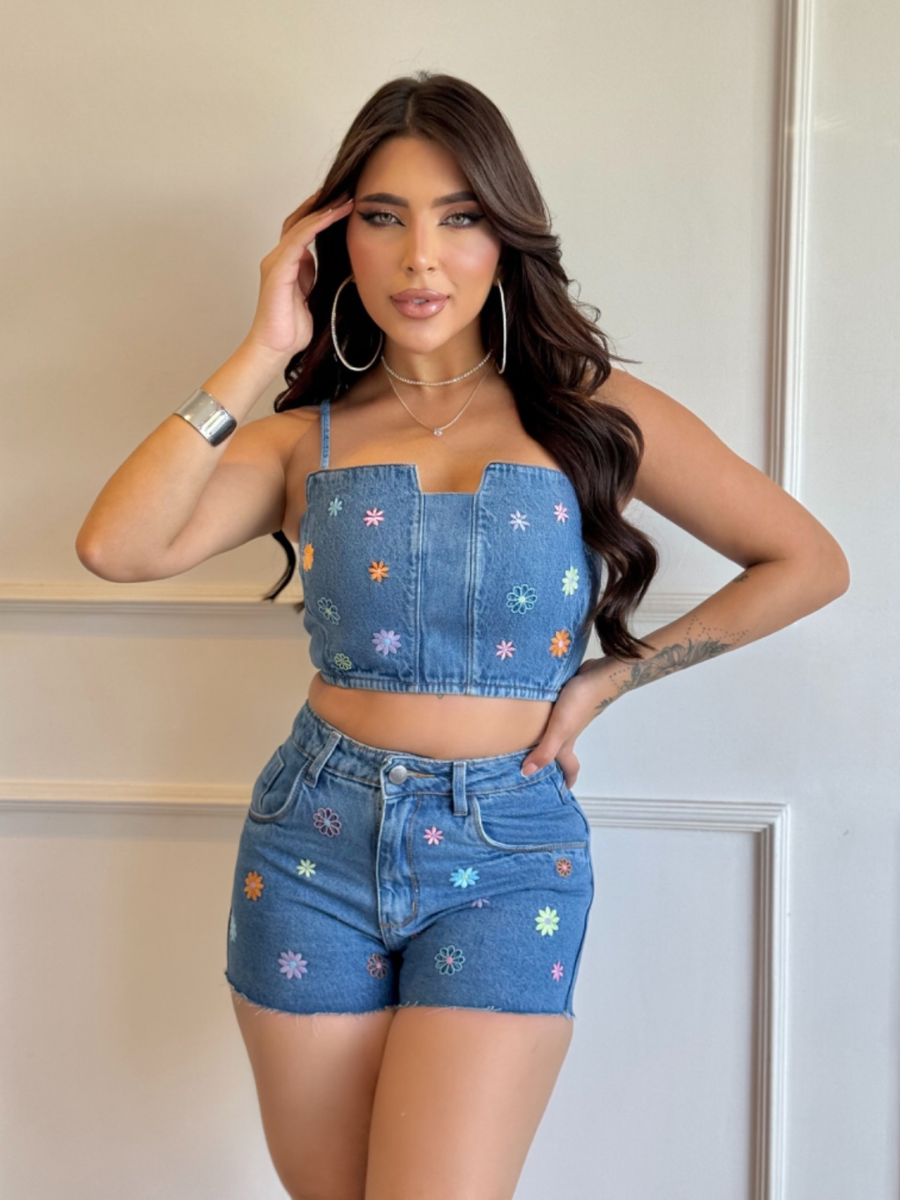 Conjunto Cropped e Shorts Jeans Bordado Modern Camila FULL