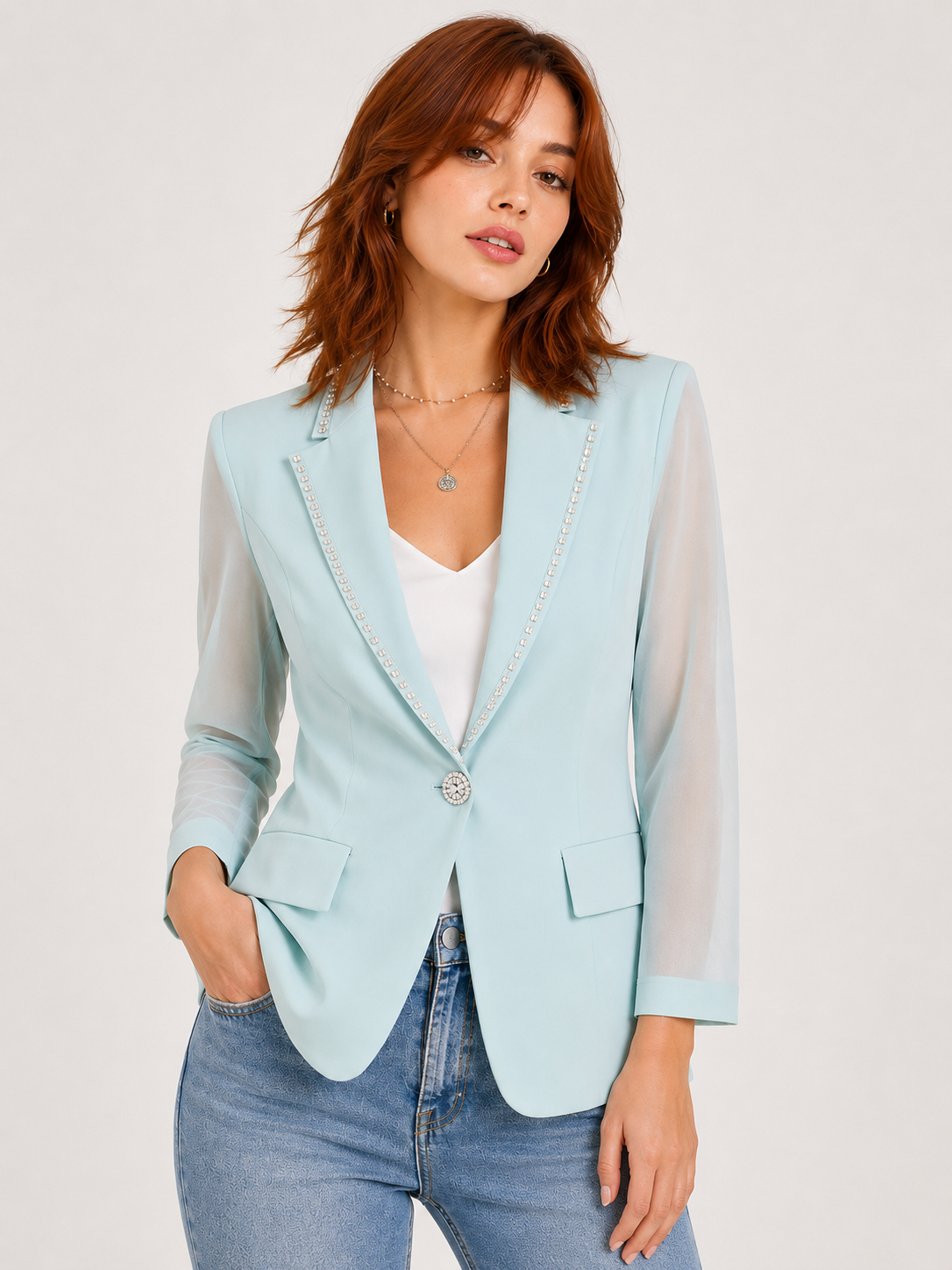 Blazer Feminino 3/4 Clássico com Detalhe de Brilho e Mangas de Tule Modern Antonieta