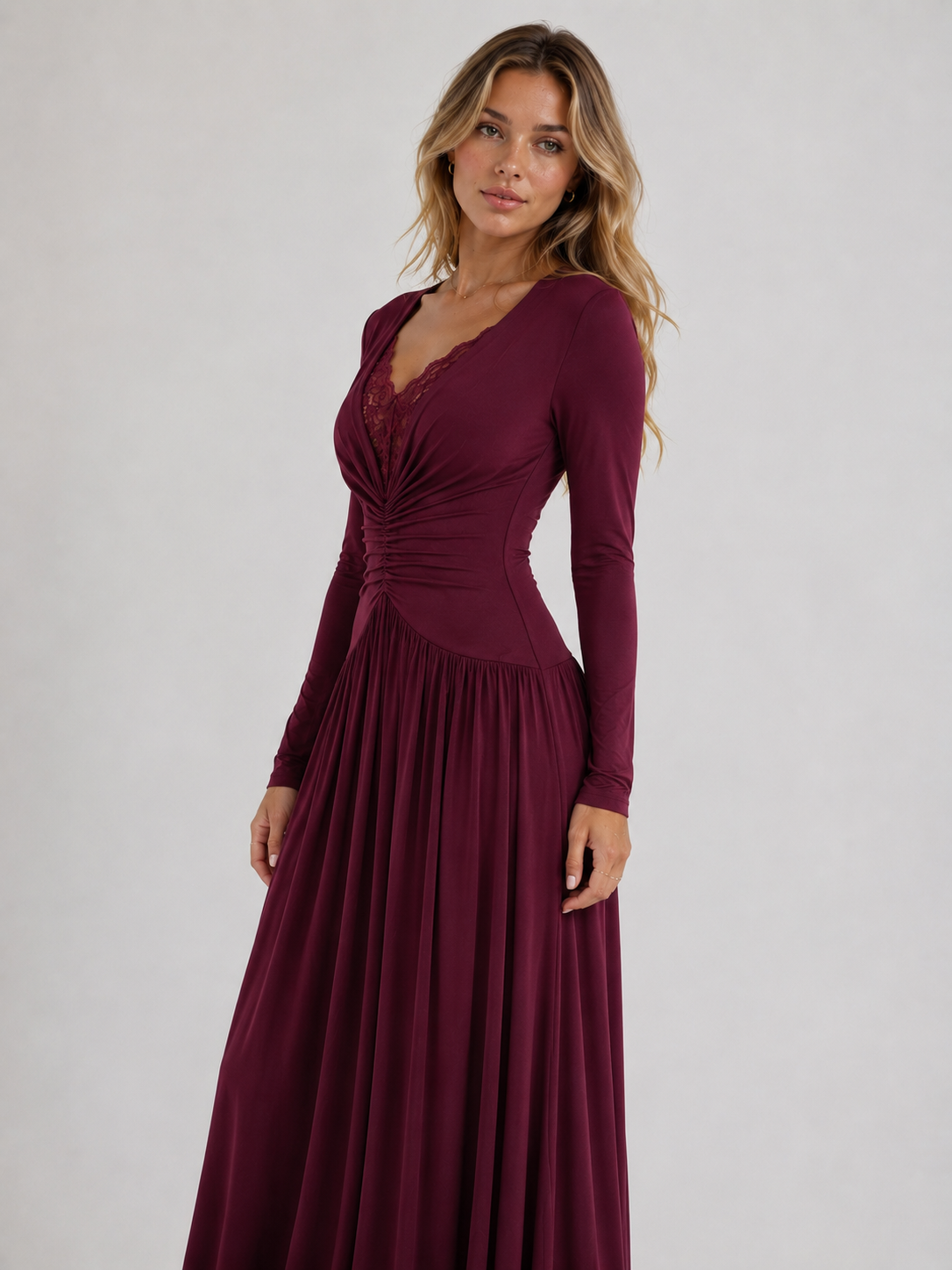Vestido de Manga Longa Elegante Longo com Renda Modern Dyni