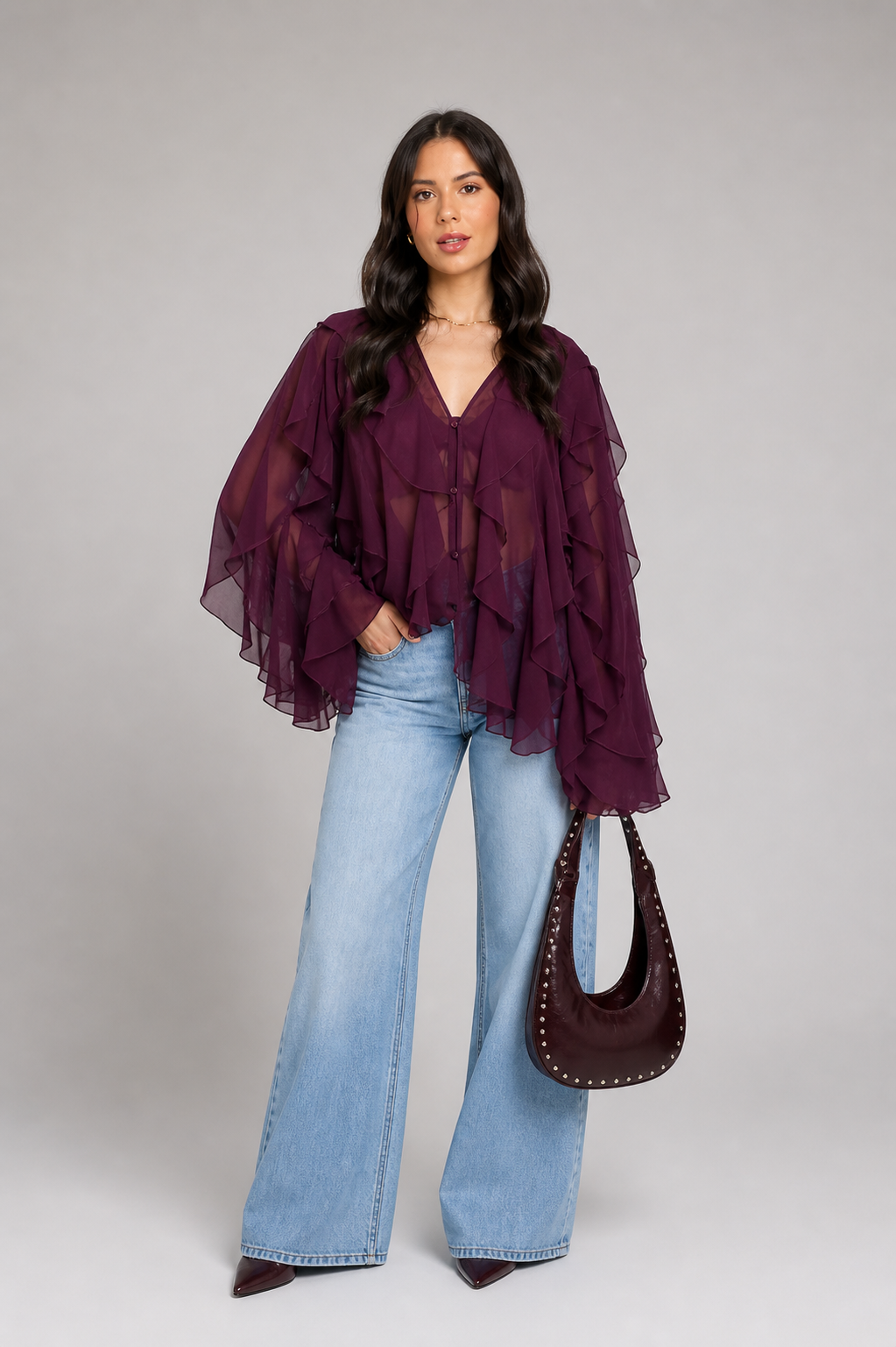 Blusa Manga Longa Chiffon Babados Modern Royal Chic