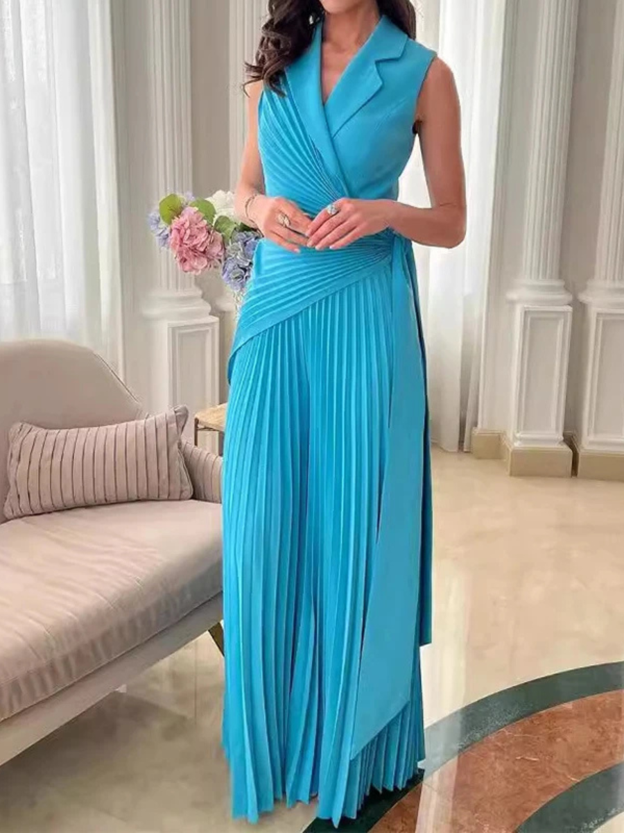 Macacão Longo Chiffon Plissado Pantalona com Cinto Modern Dilena