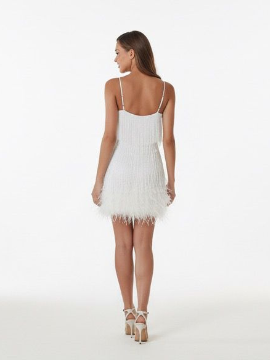 Vestido de Paetê Com Franjas e Plumas Modern Caterine