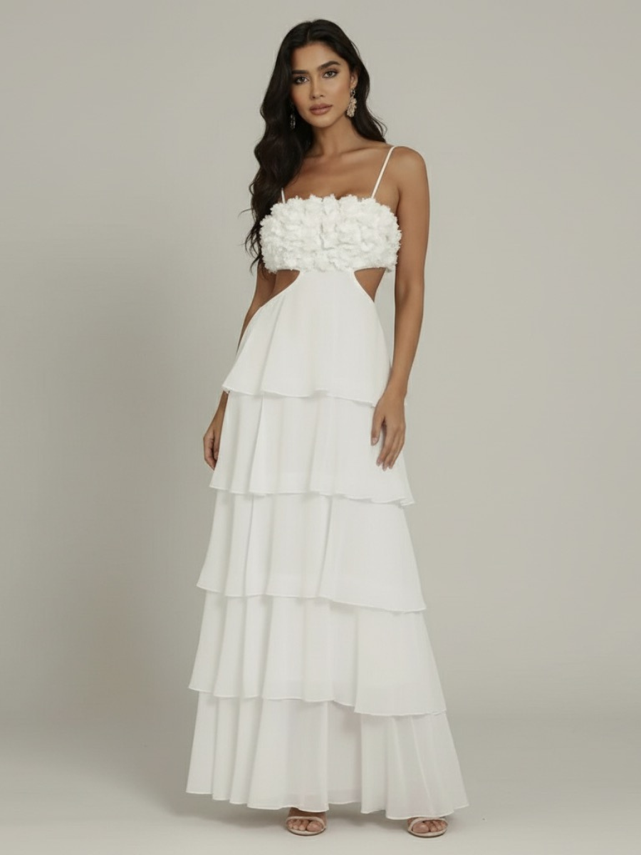 Vestido Longo Com Babados e Aplicação de Flores Modern Flowers