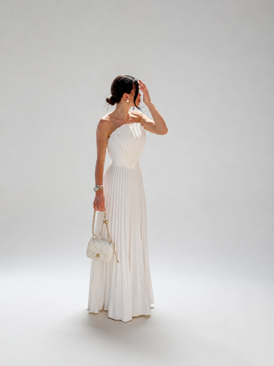 Vestido Longo Off White Plissado Modern Keisy