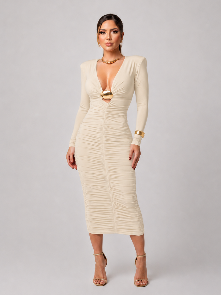 Vestido Midi Manga Longa Drapeado Modern Adria