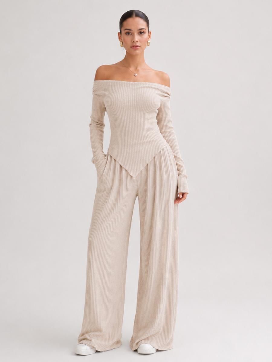 Conjunto Feminino Blusa Manga Longa Assimétrica e Calça Pantalona Modern Confy