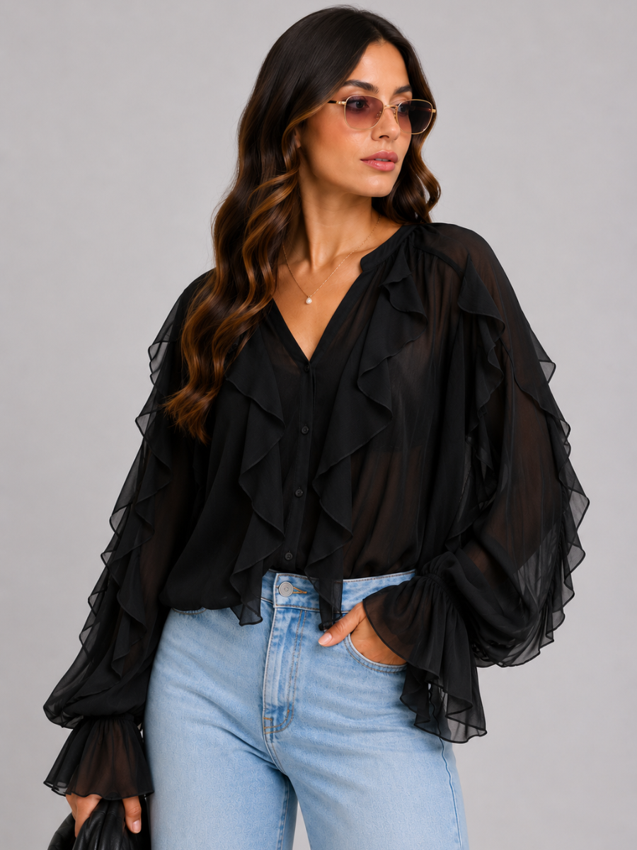 Blusa Manga Longa Chiffon Babados Modern Royal Chic