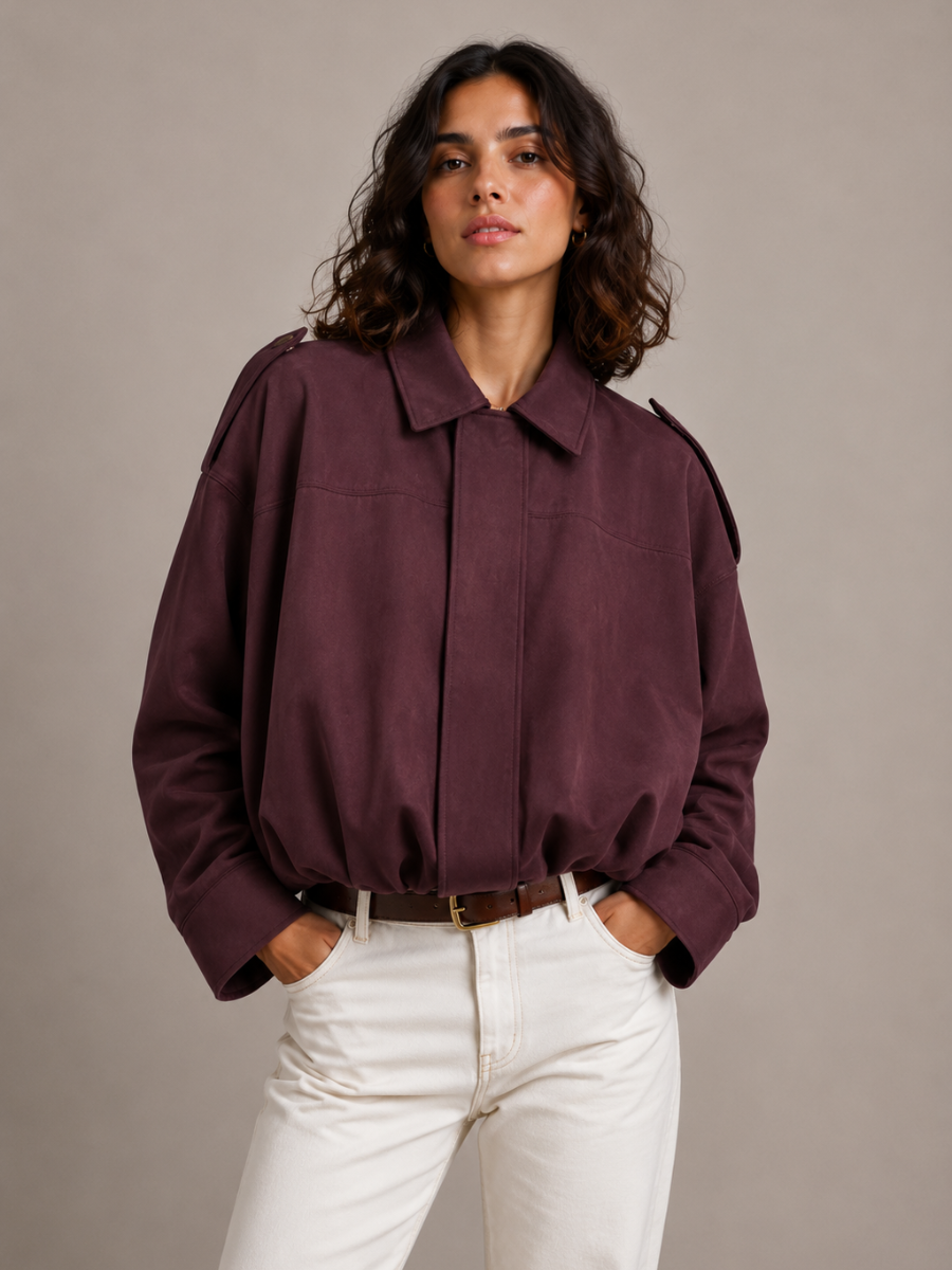Jaqueta Feminina Suede Oversized Premium com Zíper e Gola Lapela Modern Roma