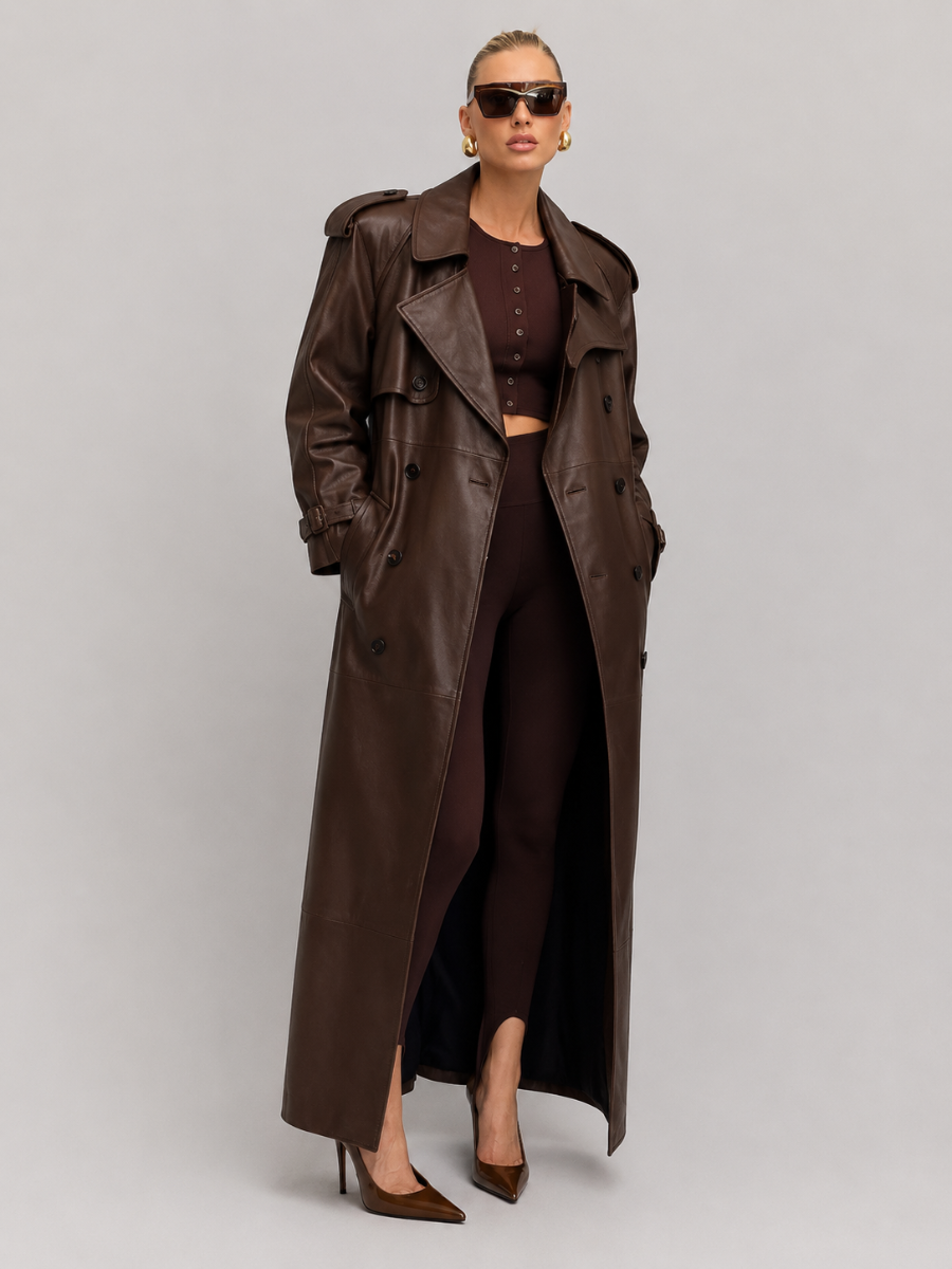 Sobretudo Feminino Longo em Couro Eco Premium Modern Antonieta – Trench Coat Elegante