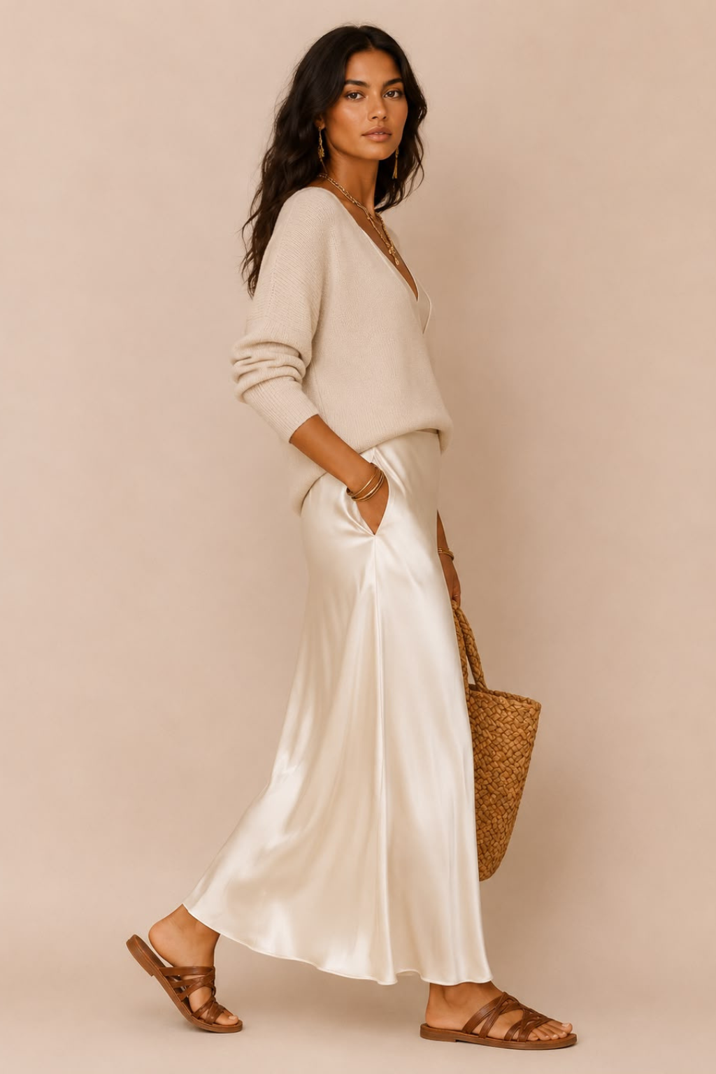 Vestido Midi Cetim Alça Fina com Suéter Decote V Modern Amber