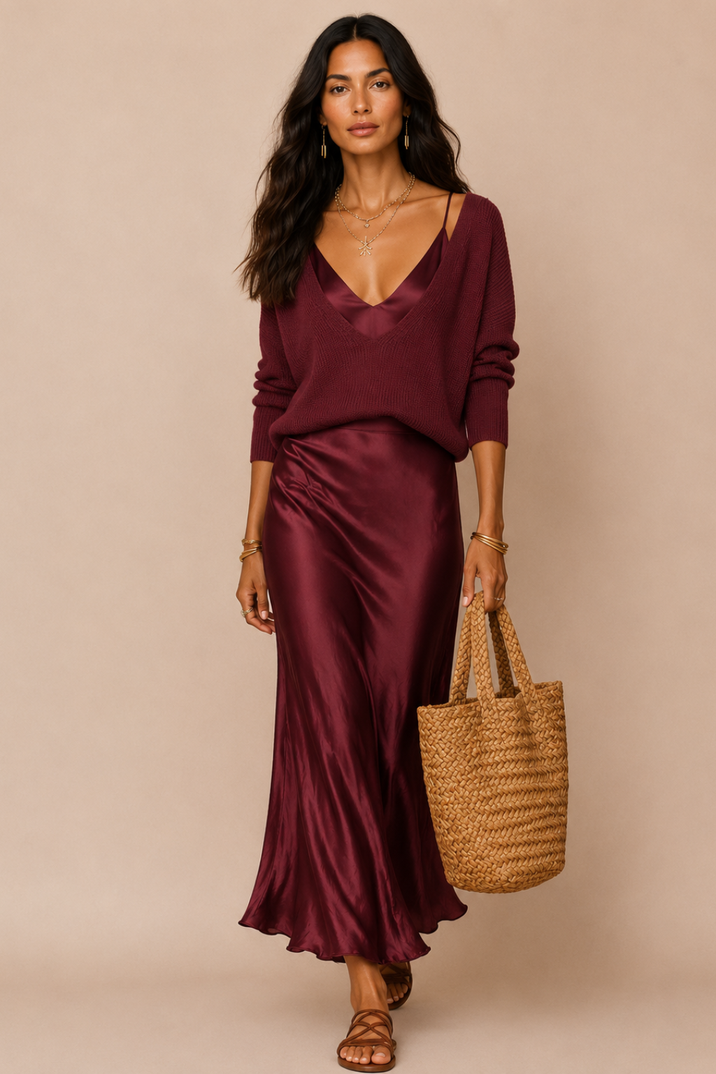 Vestido Midi Cetim Alça Fina com Suéter Decote V Modern Amber
