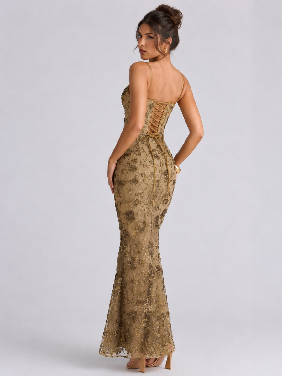 Vestido Longo Corset e Paetê Bordado Modern Rosalie