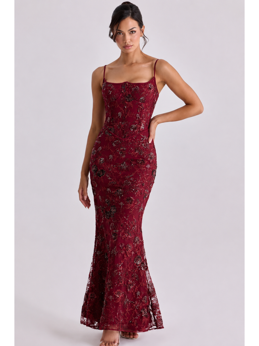 Vestido Longo Corset e Paetê Bordado Modern Rosalie