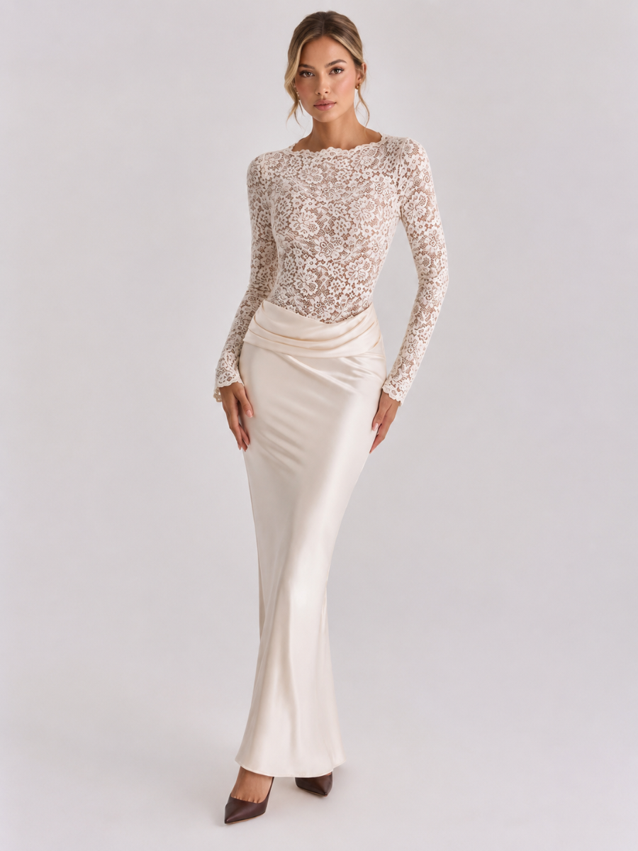Vestido Manga Longa com Renda e Saia Cetim Modern Dylla