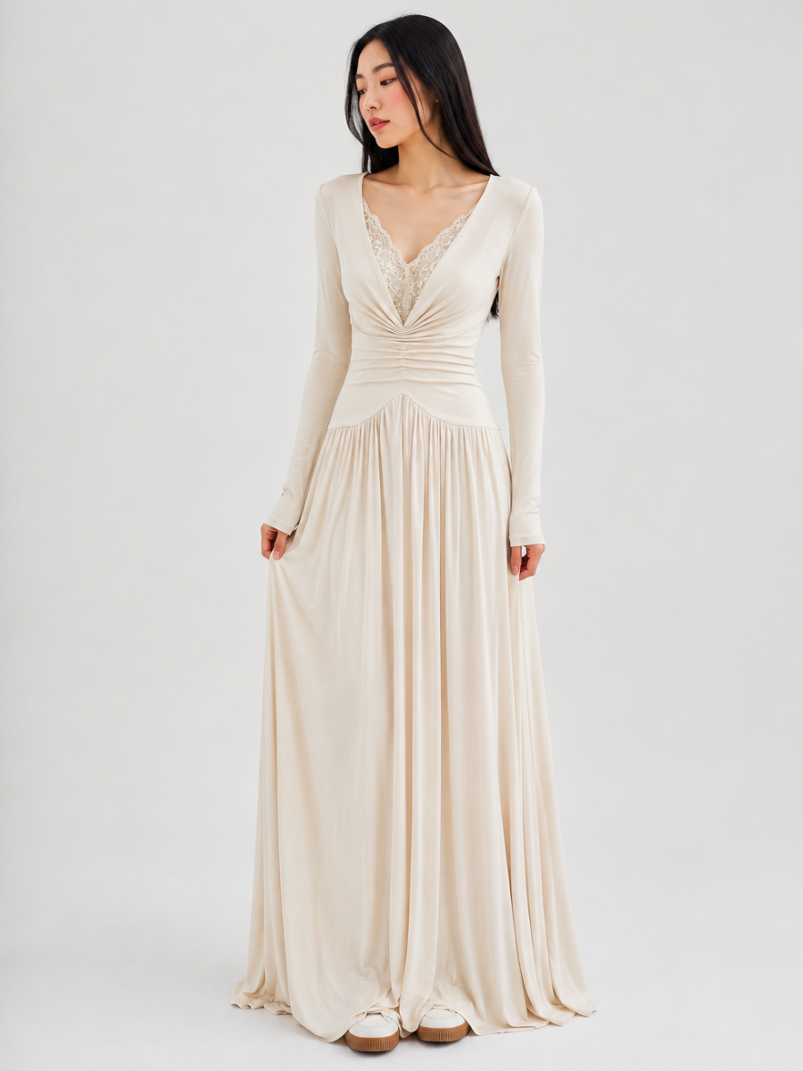 Vestido de Manga Longa Elegante Longo com Renda Modern Dyni