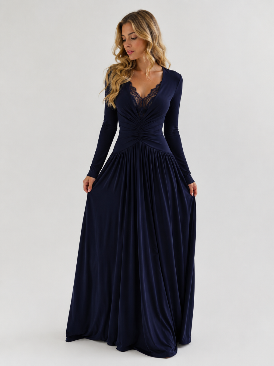 Vestido de Manga Longa Elegante Longo com Renda Modern Dyni