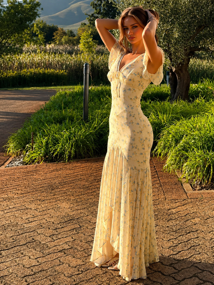 Vestido Longo Floral com Manga Princesa Modern Jamylle