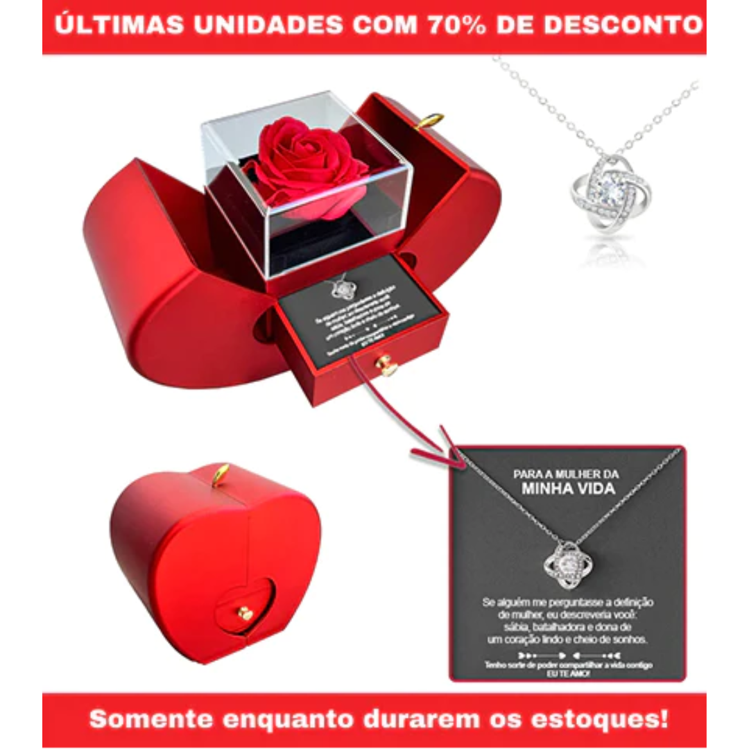 Caixa Surpresa AMOR ETERNO - Colar em Prata 925 Com Rosa Real ❤️