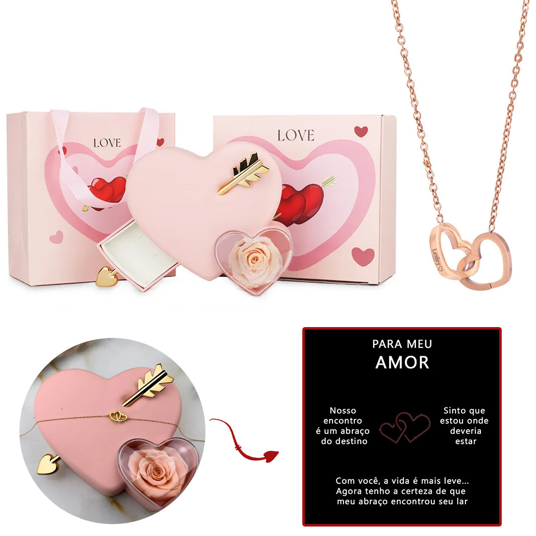 Caixa Cupido Apaixonado com Rosa Eterna & Colar Personalizado