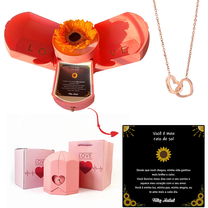 Caixa com Girassol Eterno & Colar Coração Personalizado