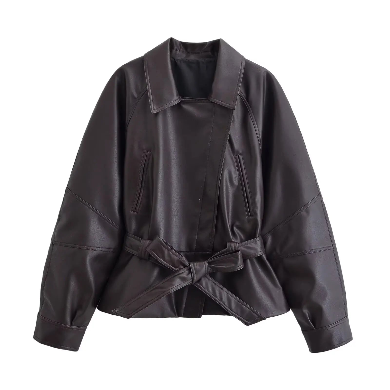 Jaqueta Feminina de Couro Eco com Cinto Oversized Modern Chelsea