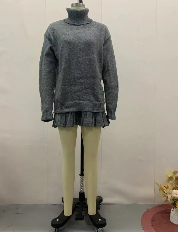 Conjunto Blusa Suéter Manga Comprida e Saia Curta Plissada Modern Marilyn