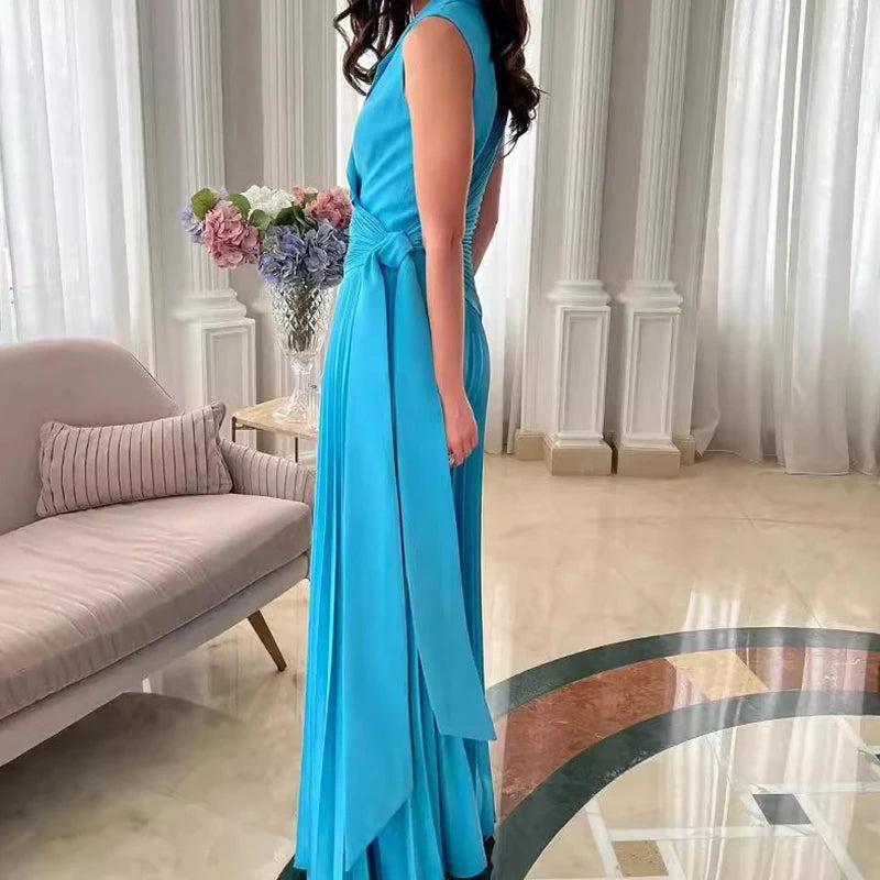 Macacão Longo Chiffon Plissado Pantalona com Cinto Modern Dilena