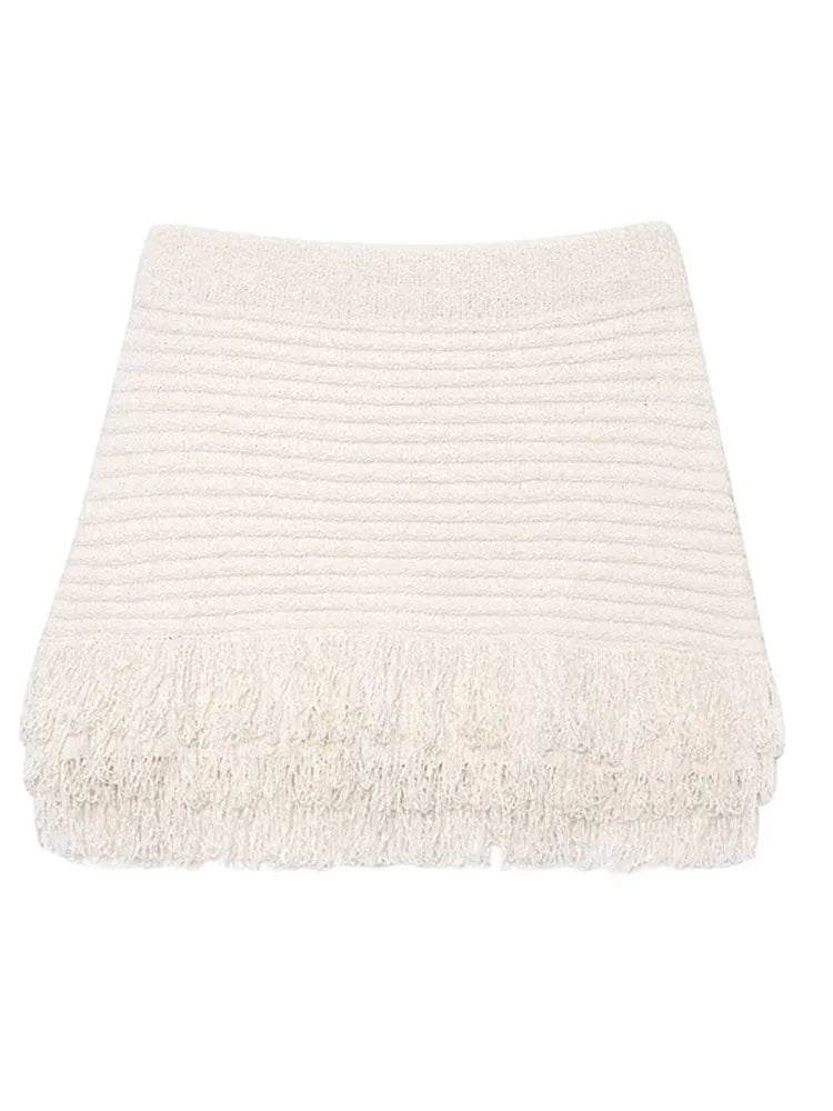 Conjunto Tricô Blusa e Saia com Franja Modern Clara