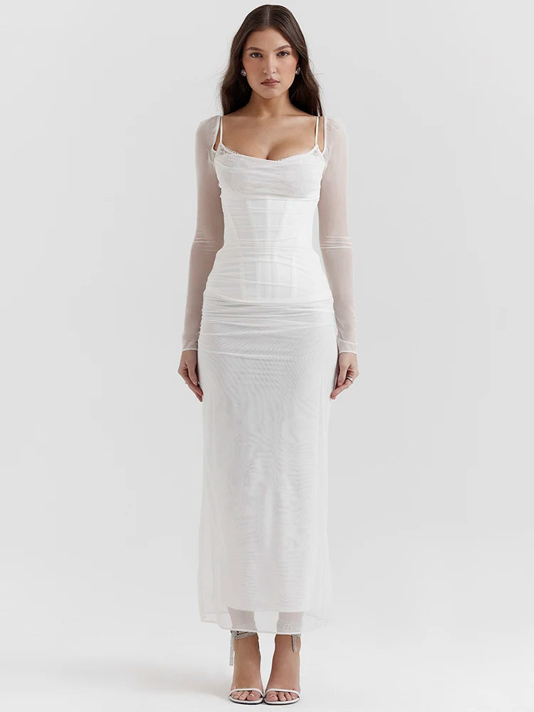 Vestido Longo com Espartilho em Camada Dupla de Tule Modern Luxury - Manga Longa - GOLDEN ERA