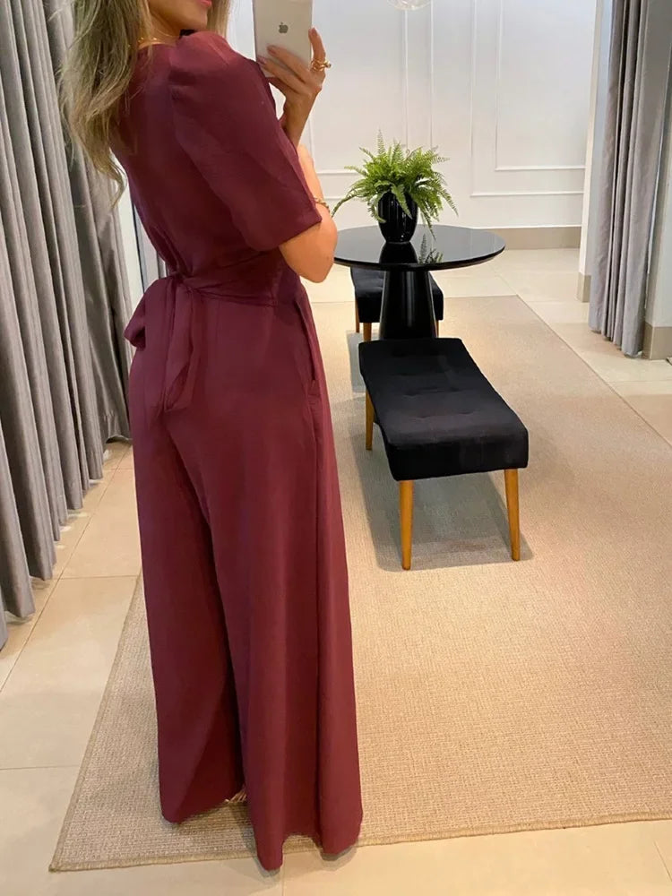 Macacão Longo Pantalona Gola V e Manga Princesa Modern Elegance