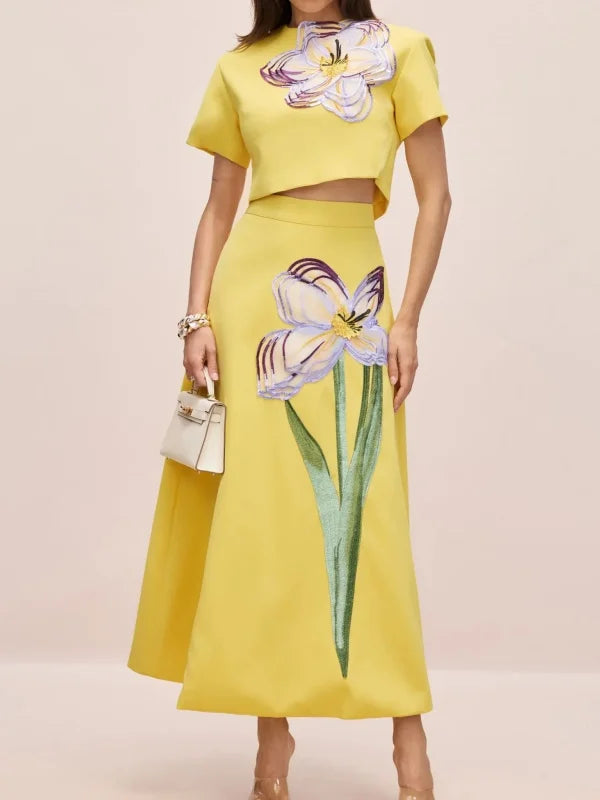 Conjunto Floral Cropped e Saia Midi Modern Iza