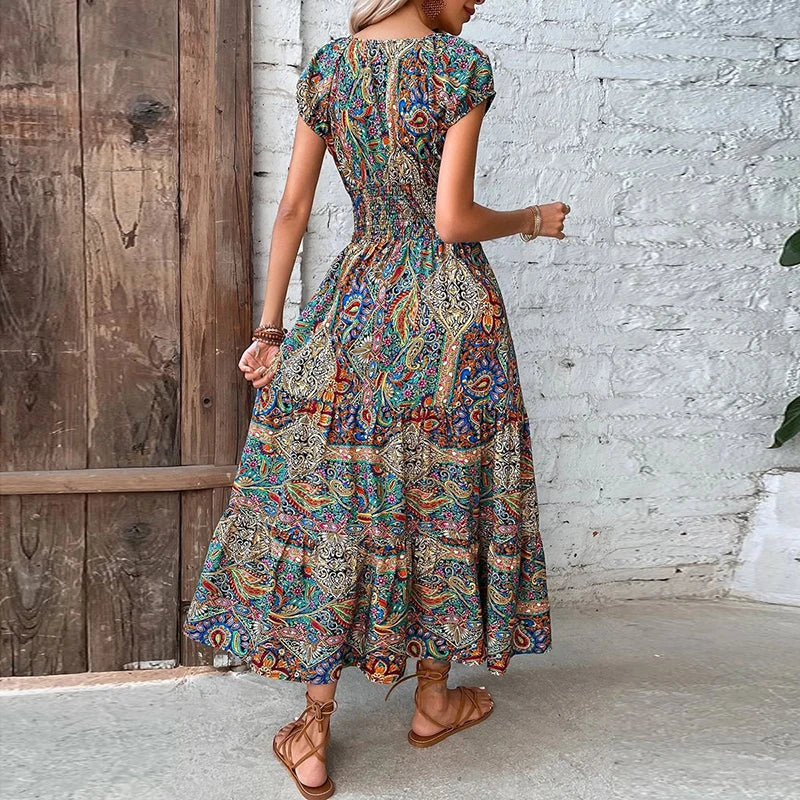 Vestido Vintage Maxi com Elástico na Cintura Modern Ana