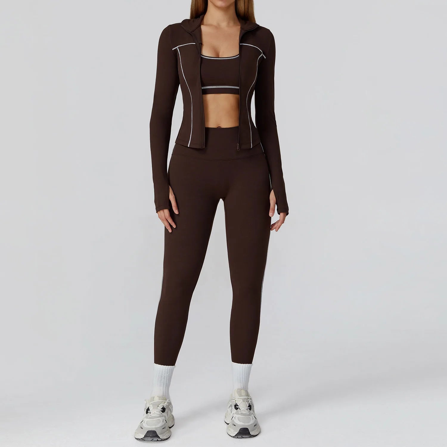 Conjunto Três Peças Jaqueta com Top Push Up e Calça Legging Modeladora Modern Style