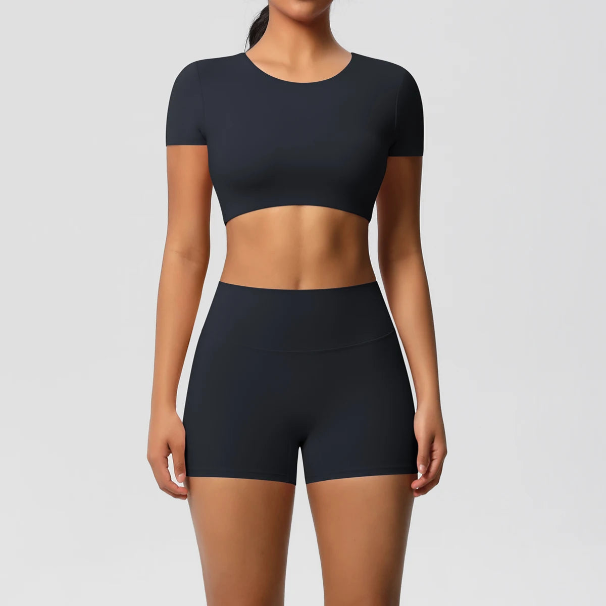 Conjunto Top Meia Manga e Shorts Cós Alto Modern Basic