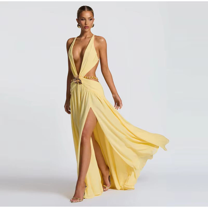 Vestido Longo Costas Abertas e Fenda Lateral Modern Daria