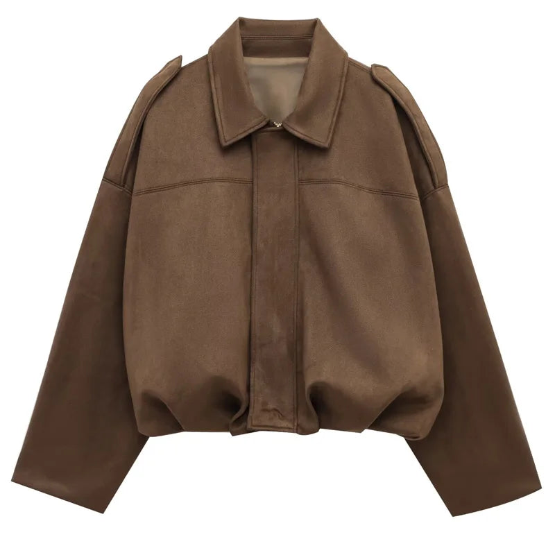 Jaqueta Feminina Suede Oversized Premium com Zíper e Gola Lapela Modern Roma