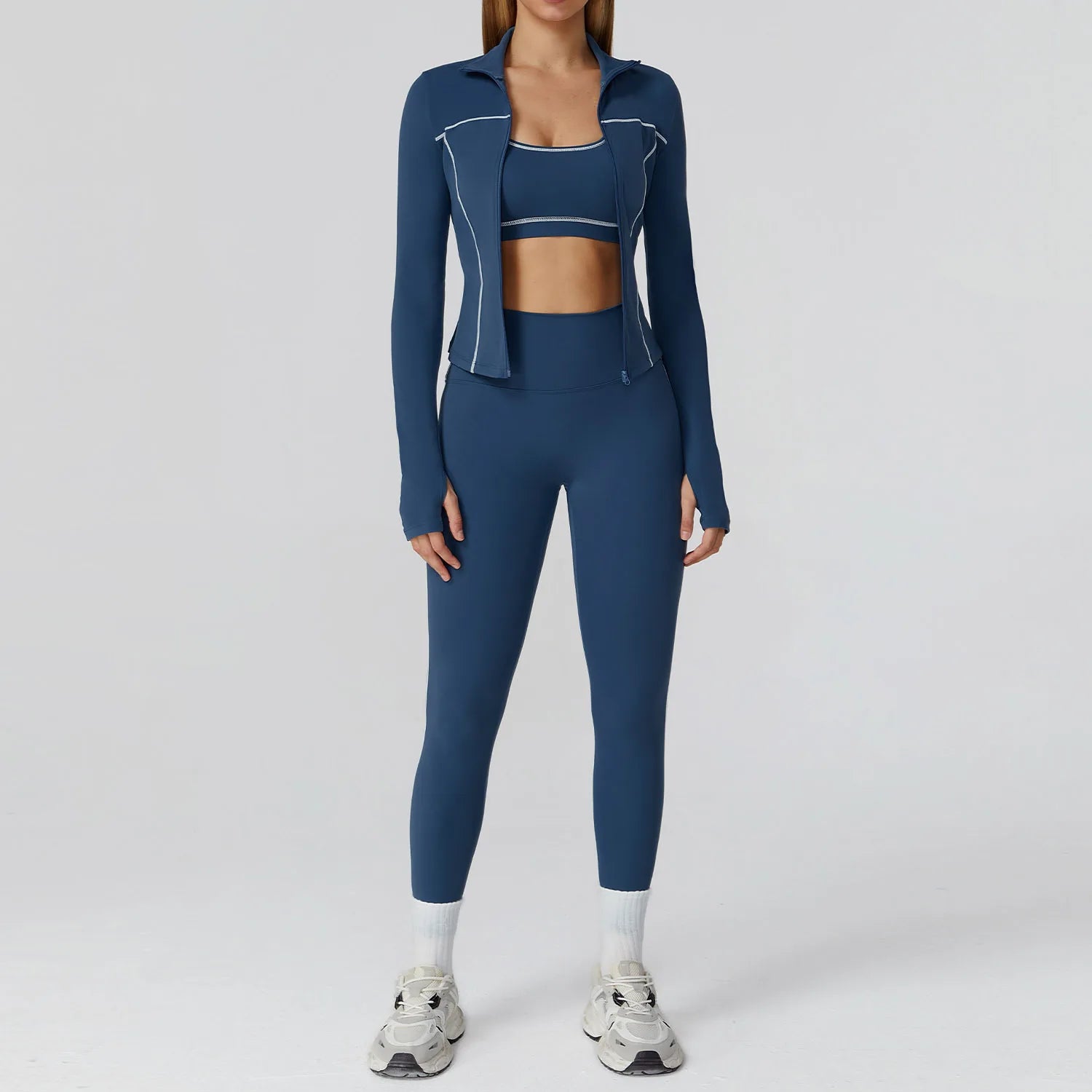 Conjunto Três Peças Jaqueta com Top Push Up e Calça Legging Modeladora Modern Style